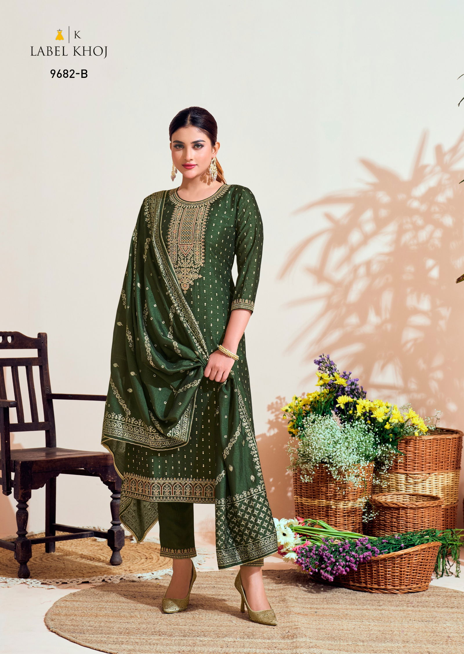 Label Khoj 9682 A To 9684 B Embroidery Vichitra Silk Designer Readymade Suits Wholesale Shop In Surat